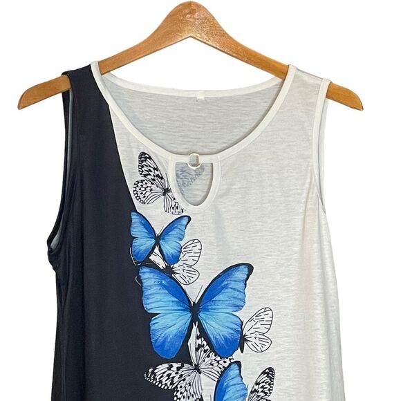 Sleeveless Black White Blue Butterfly Dress Rayon Blend, size Medium - Picture 6 of 13